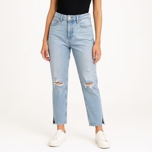 Nature Denim High Rise Mom Jeans Light Wash Distressed Raw Hem Size 9